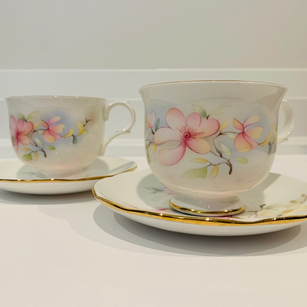 Set of Two Sadler Wellington Tea Cups. Delicate Pink and Cream Flower Decoration